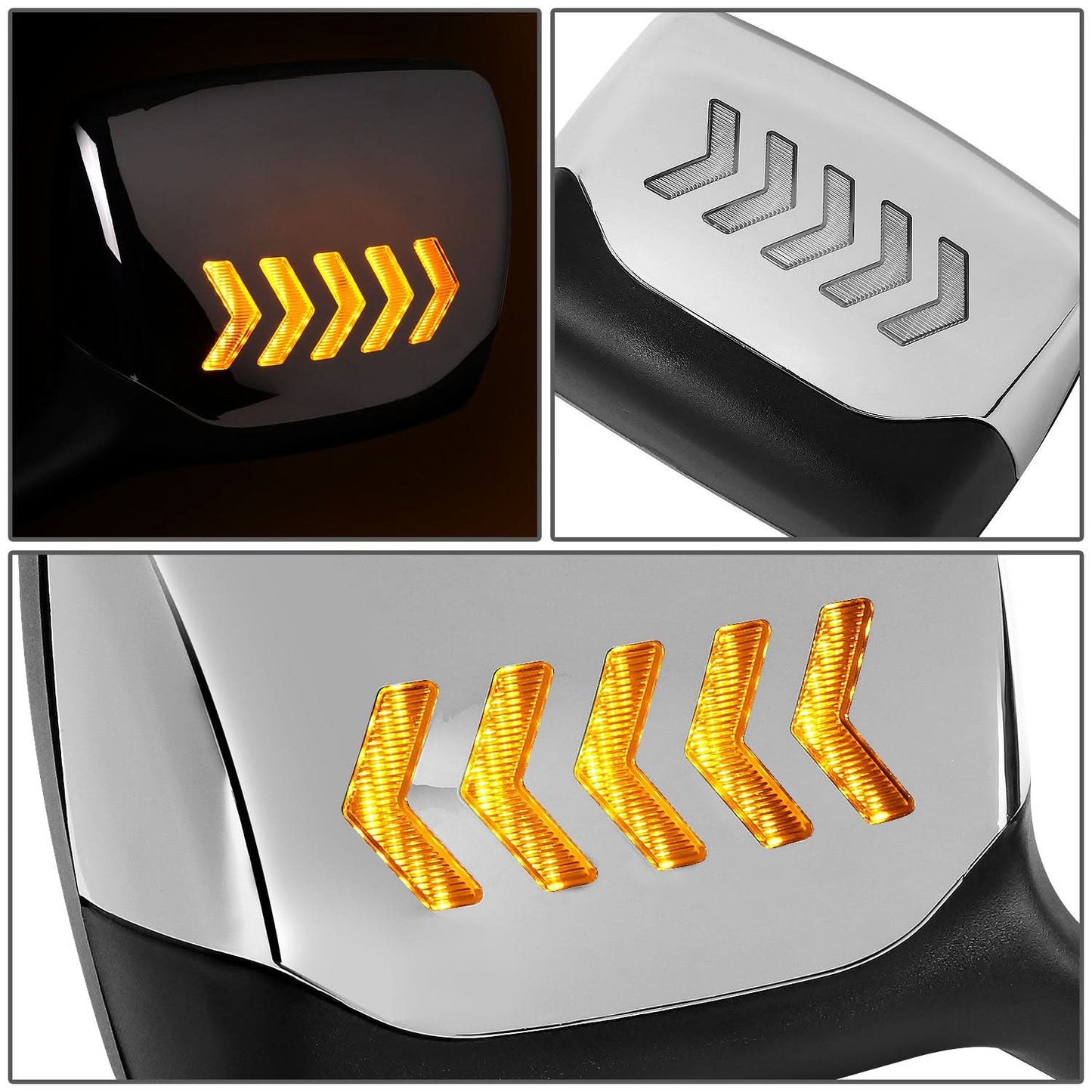 Hood Mirror - 11-21 Kenworth T680 / 13-21 Peterbilt 579 / 11-18 Peterbilt 587 Manual Chrome Amber LED Arrow