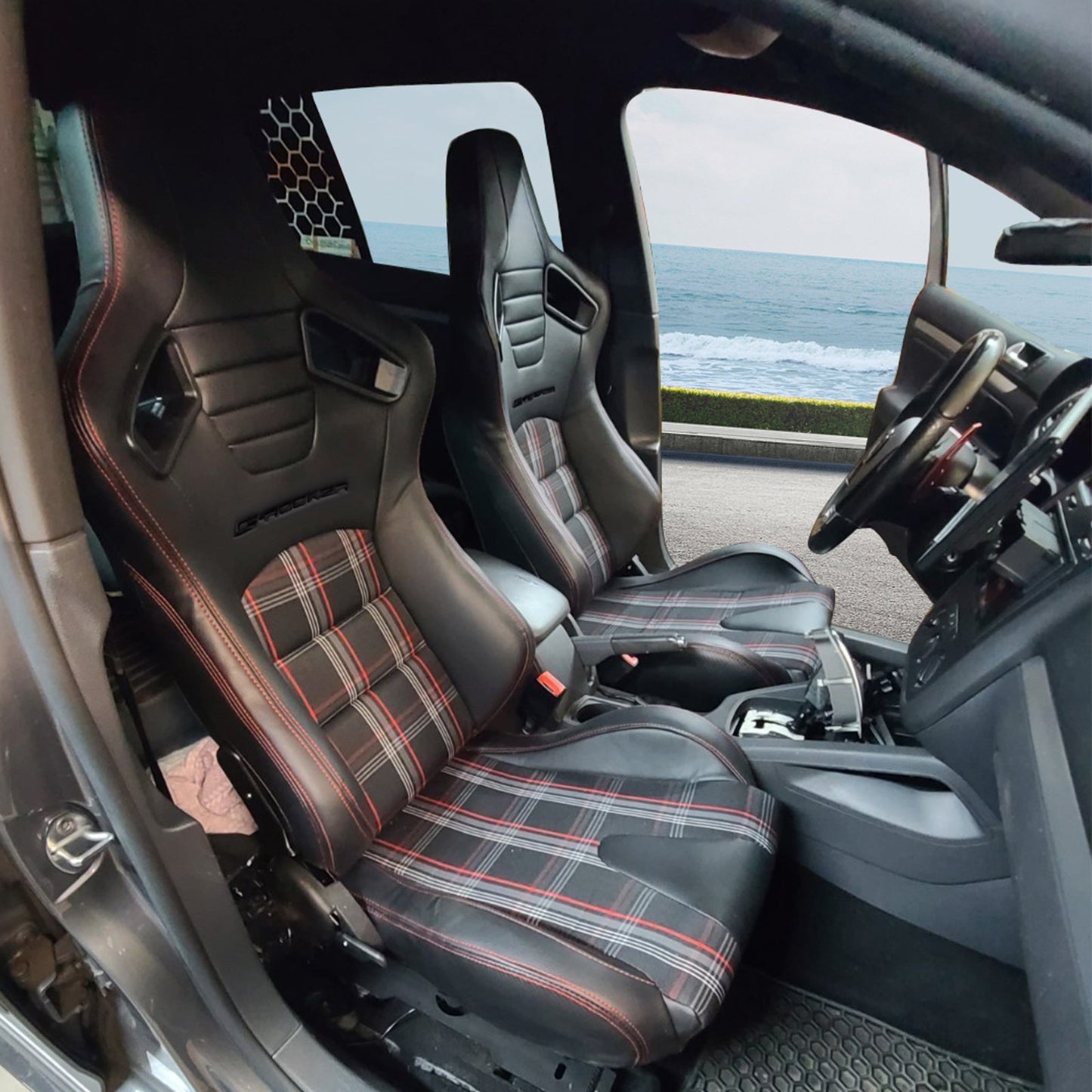 Universal Plaid Racing Seat Dual with Sliders PU Carbon Leather