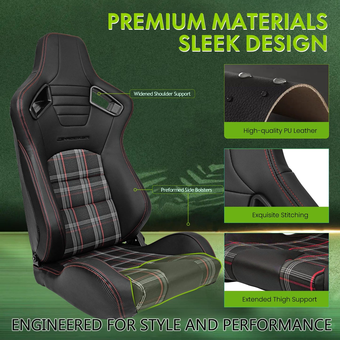Universal Plaid Racing Seat Dual with Sliders PU Carbon Leather