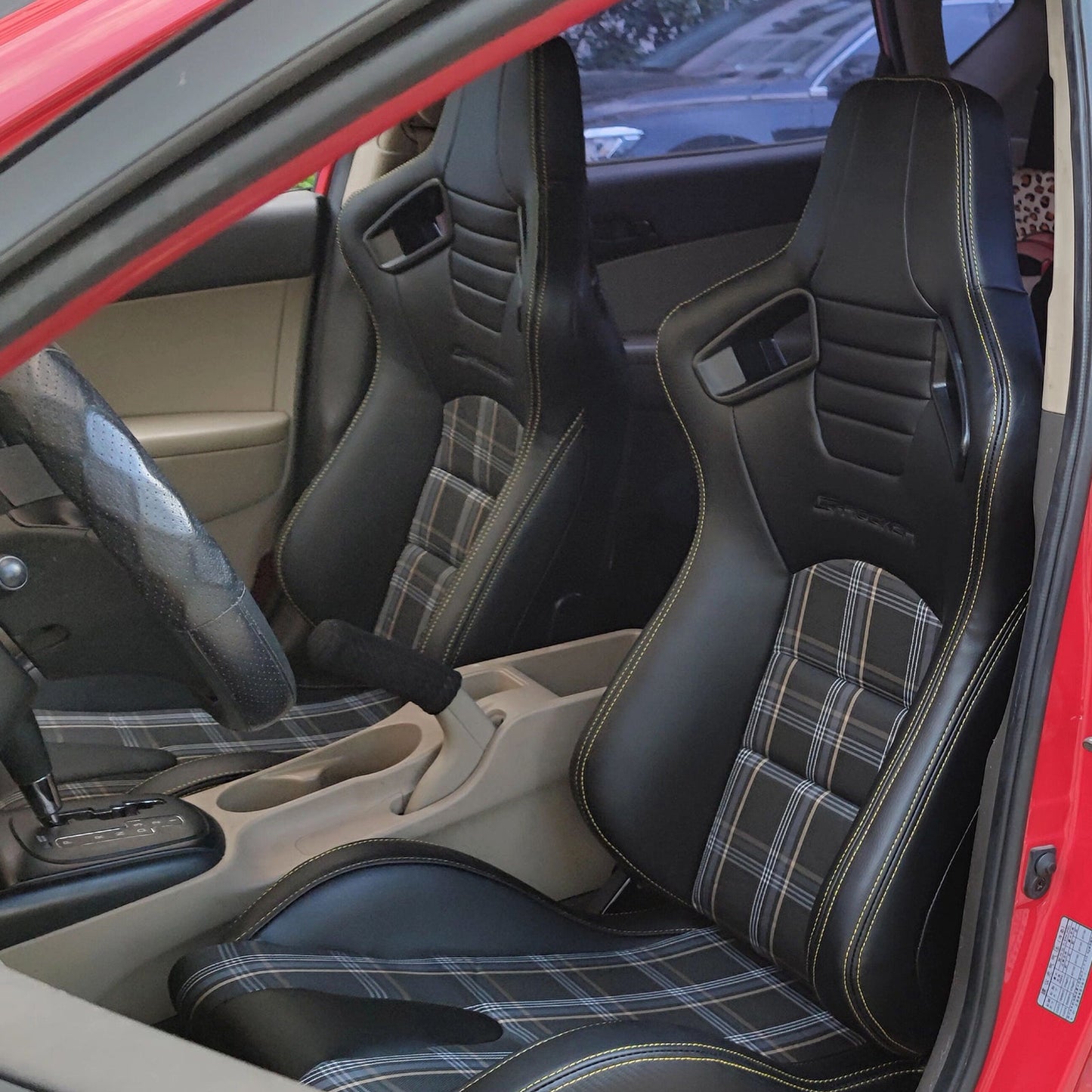Universal Plaid Racing Seat Dual with Sliders PU Carbon Leather