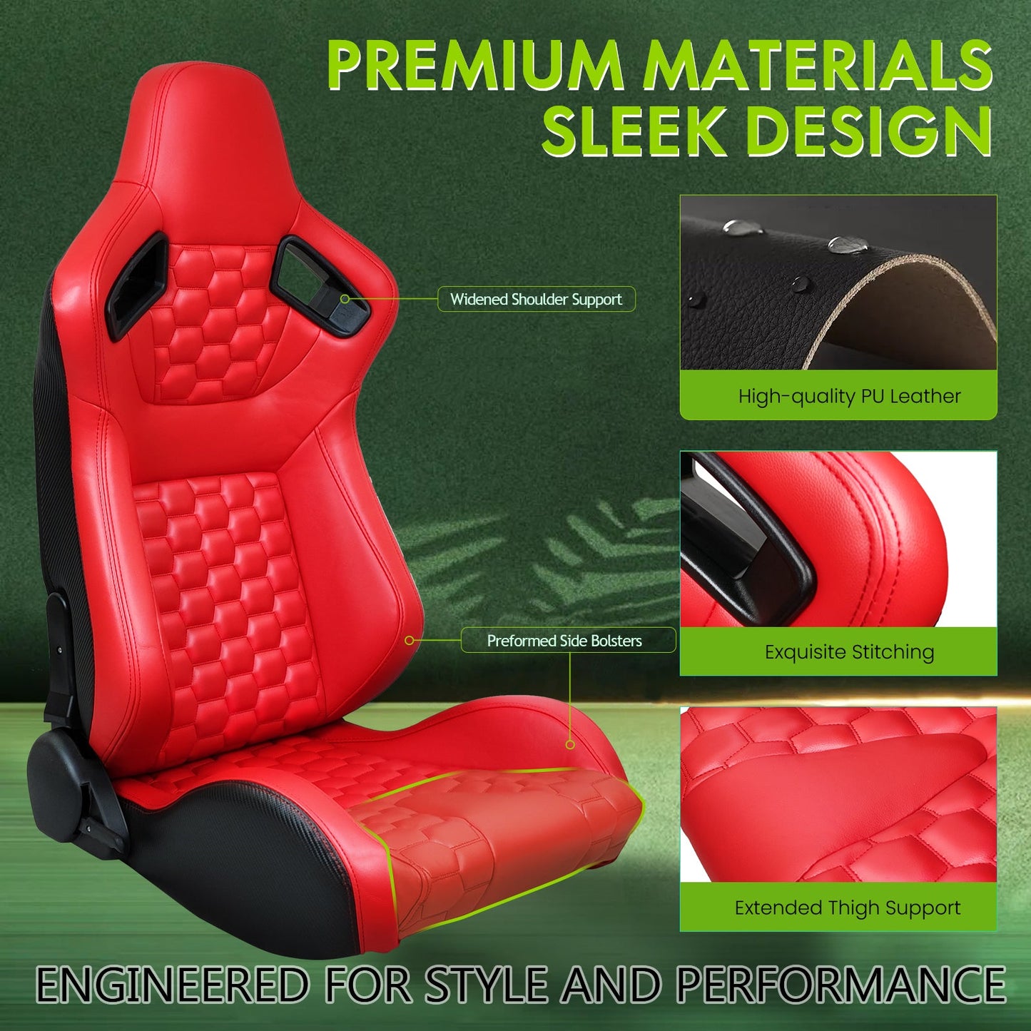 Universal X2 Reclinable Honeycomb Racing Seat + Dual Slider PU Leather