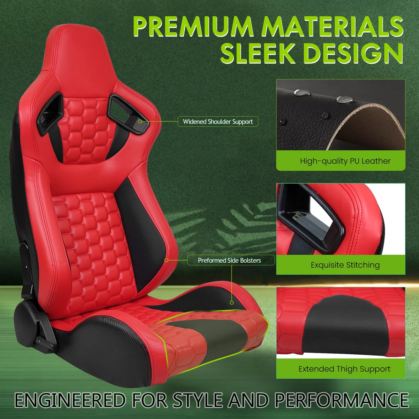 Universal X2 Reclinable Honeycomb Racing Seat + Dual Slider PU Leather