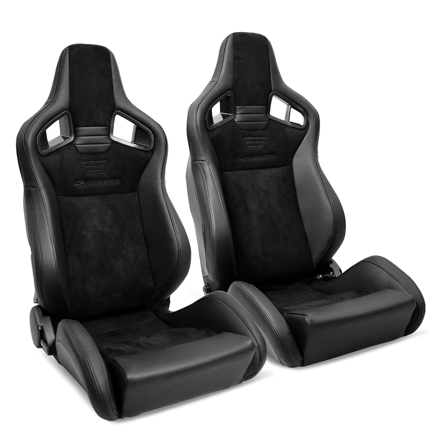 Universal 2x Reclinable Racing Seats Dual Slider Suede PU Carbon Leath