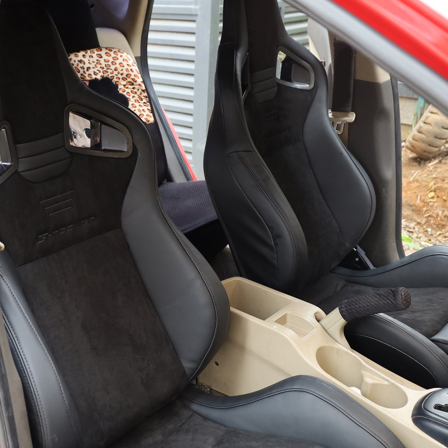Universal 2x Reclinable Racing Seats Dual Slider Suede PU Carbon Leath