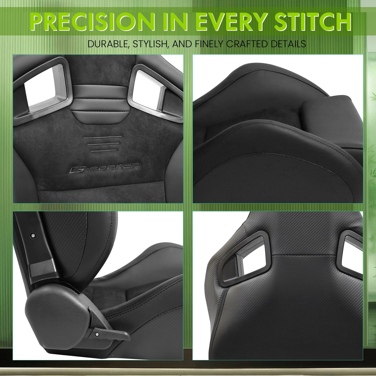 Universal 2x Reclinable Racing Seats Dual Slider Suede PU Carbon Leath