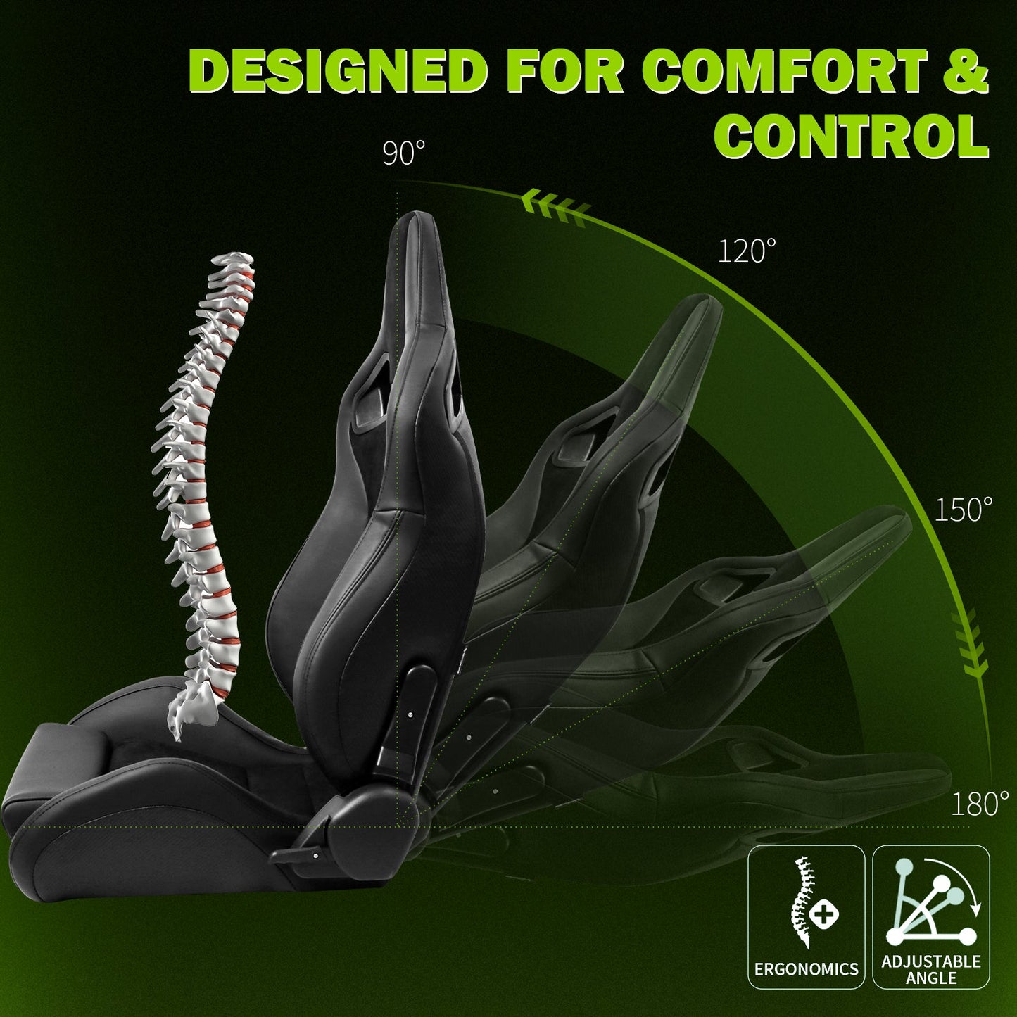 Universal 2x Reclinable Racing Seats Dual Slider Suede PU Carbon Leath