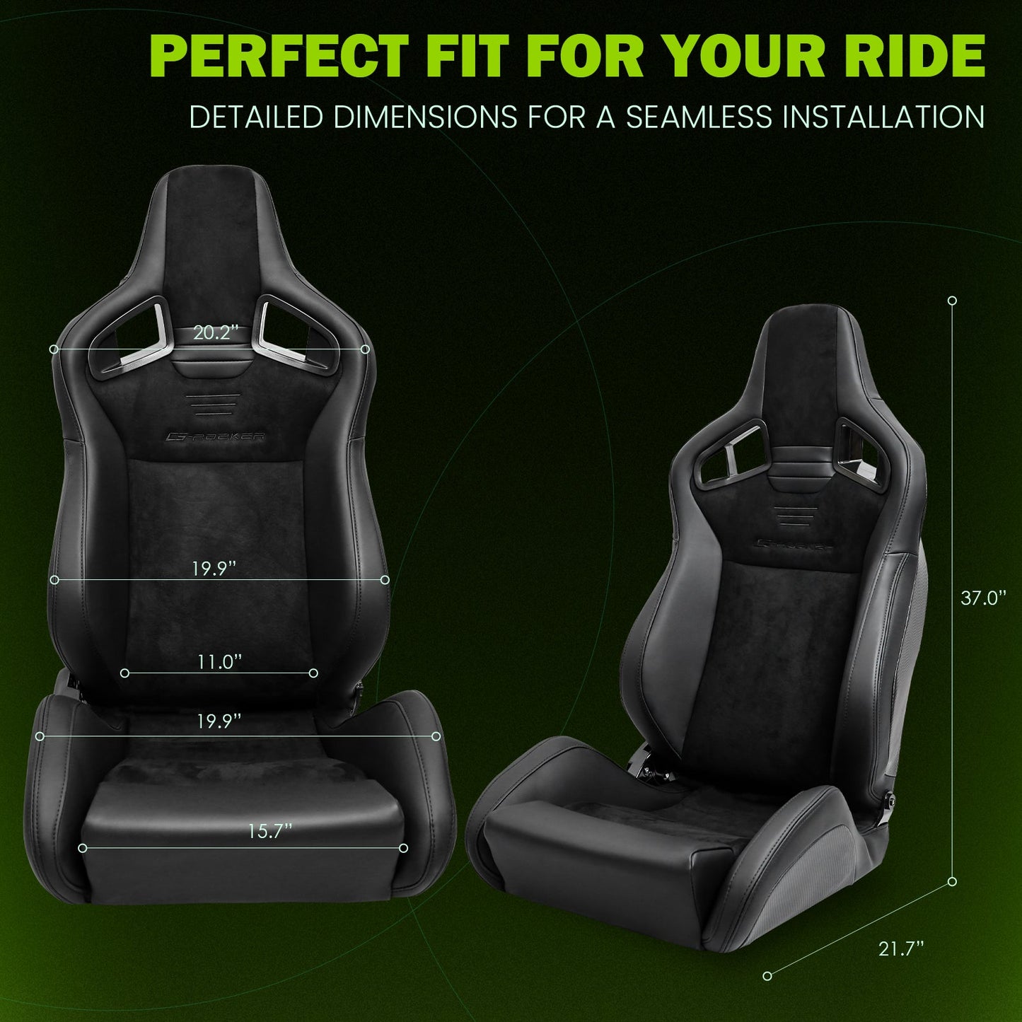 Universal 2x Reclinable Racing Seats Dual Slider Suede PU Carbon Leath