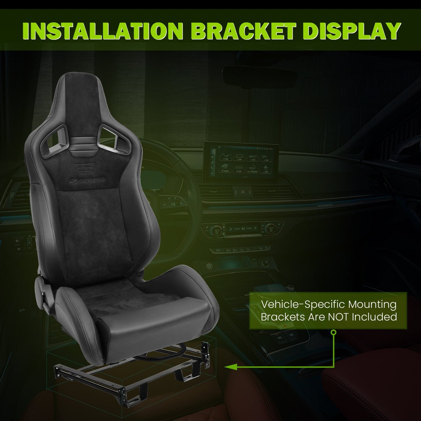 Universal 2x Reclinable Racing Seats Dual Slider Suede PU Carbon Leath