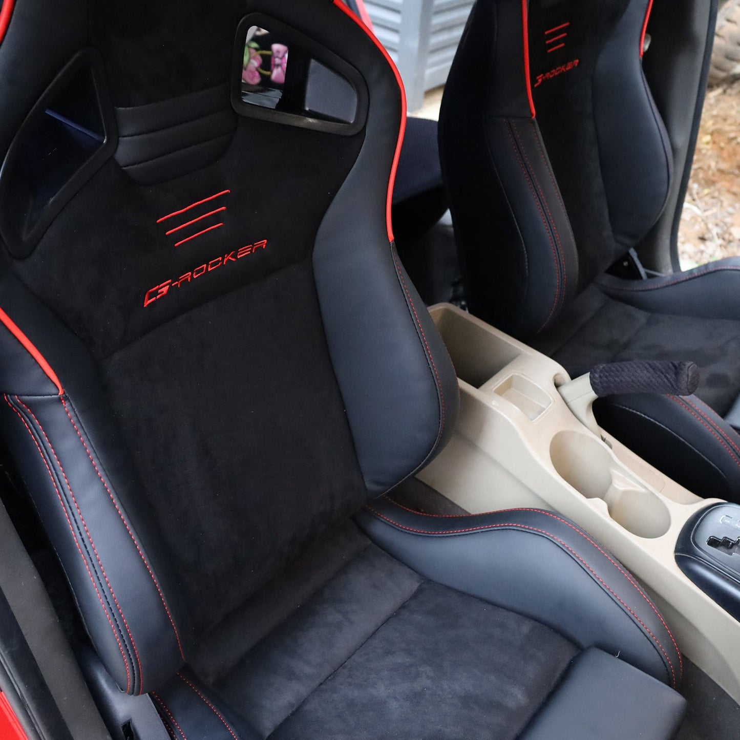 Universal 2x Reclinable Racing Seats Dual Slider Suede PU Carbon Leath