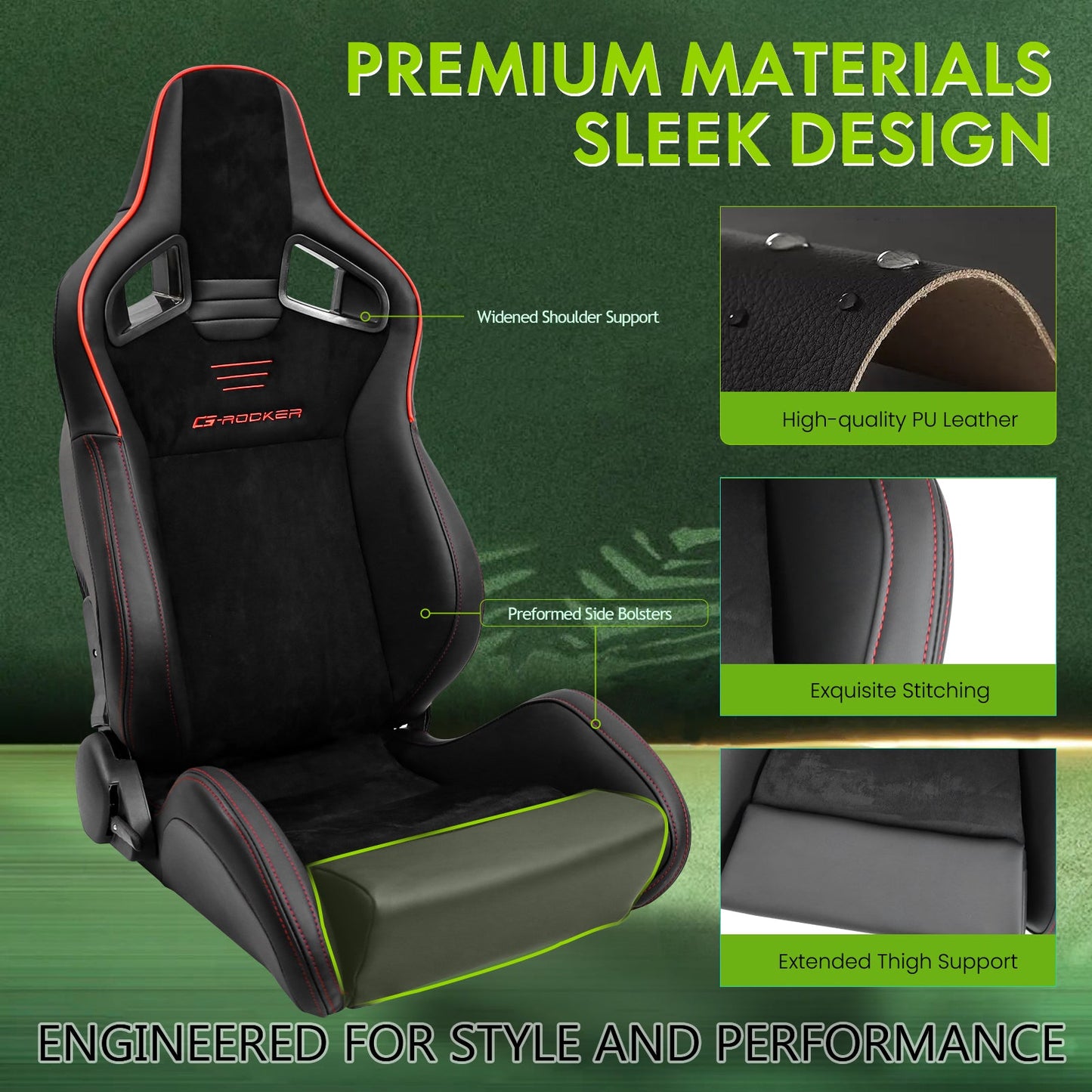 Universal 2x Reclinable Racing Seats Dual Slider Suede PU Carbon Leath