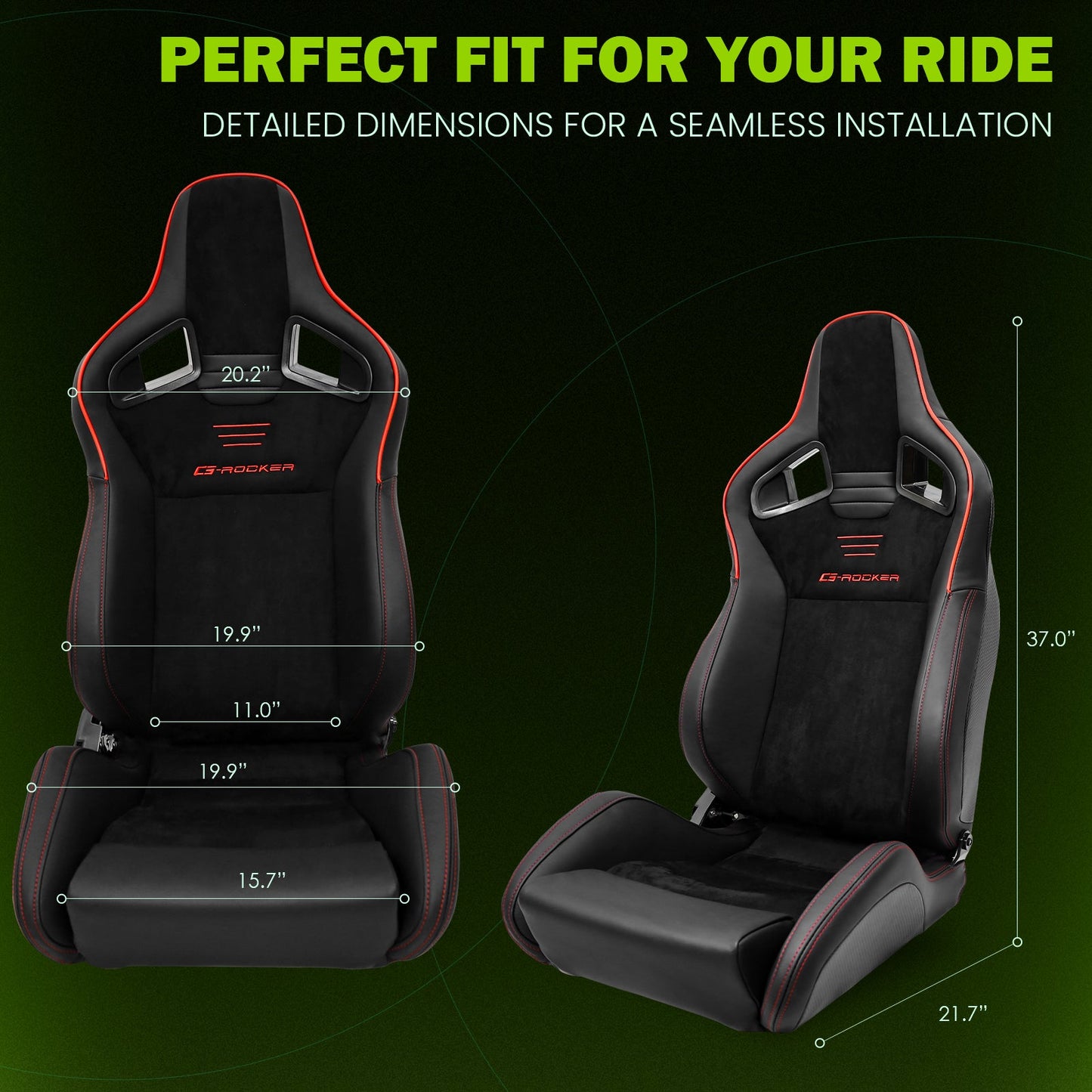 Universal 2x Reclinable Racing Seats Dual Slider Suede PU Carbon Leath