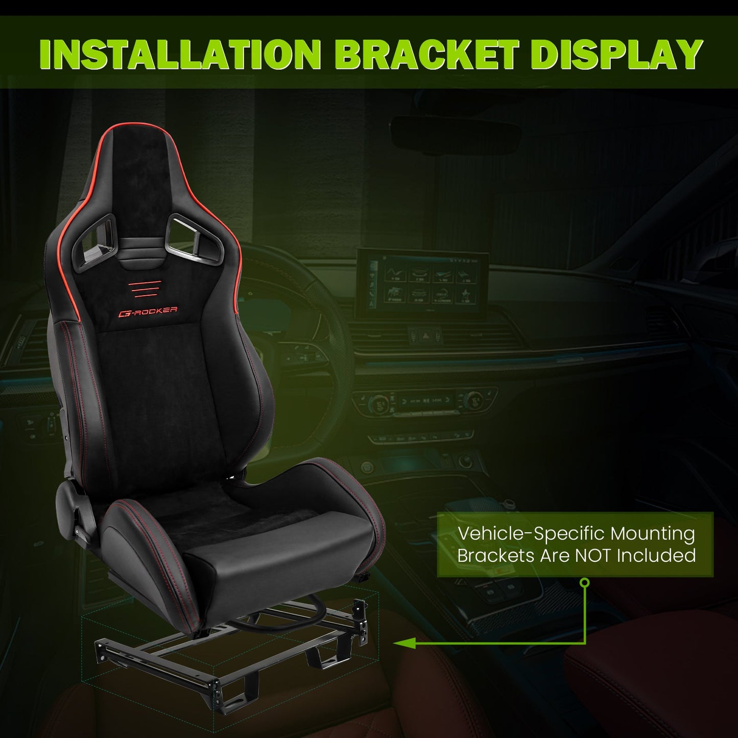 Universal 2x Reclinable Racing Seats Dual Slider Suede PU Carbon Leath