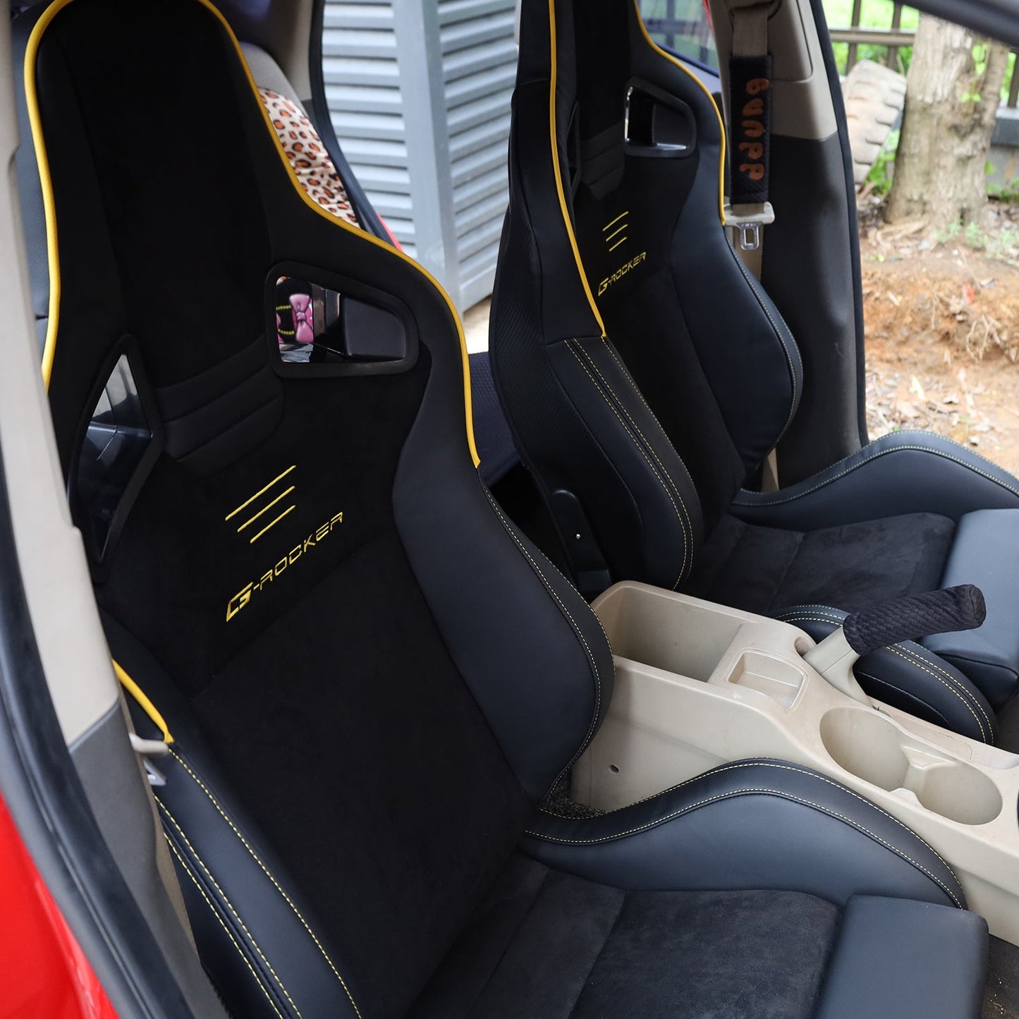 Universal 2x Reclinable Racing Seats Dual Slider Suede PU Carbon Leath