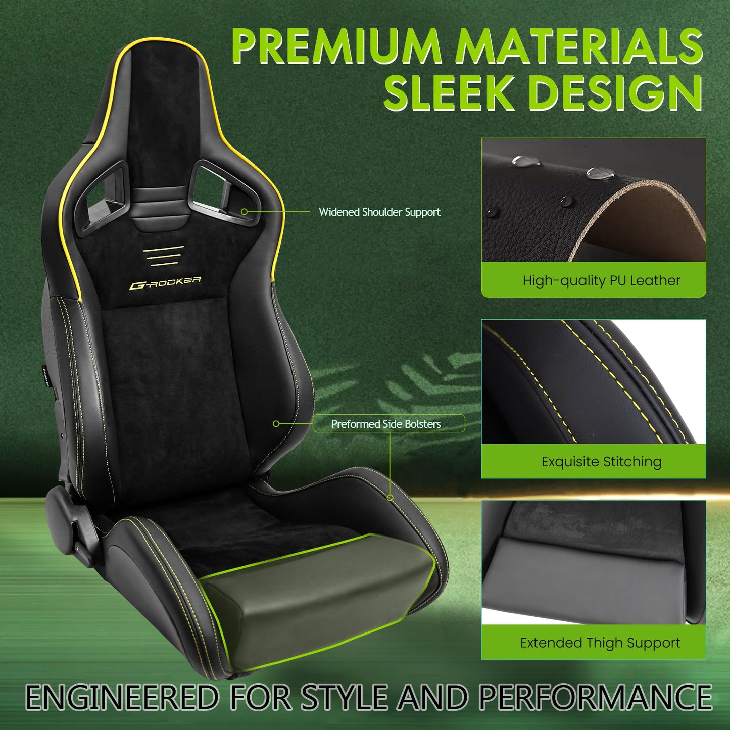 Universal 2x Reclinable Racing Seats Dual Slider Suede PU Carbon Leath