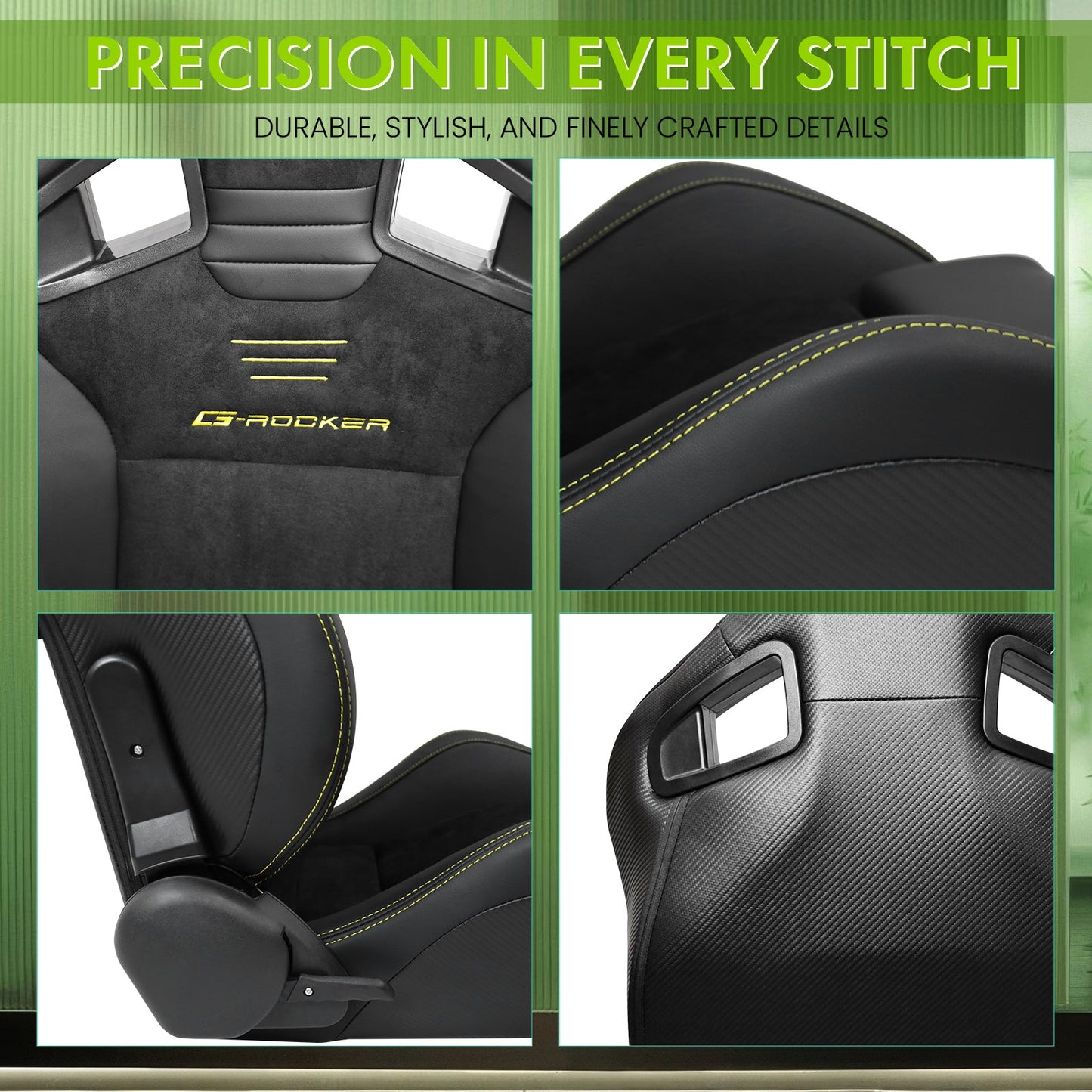 Universal 2x Reclinable Racing Seats Dual Slider Suede PU Carbon Leath