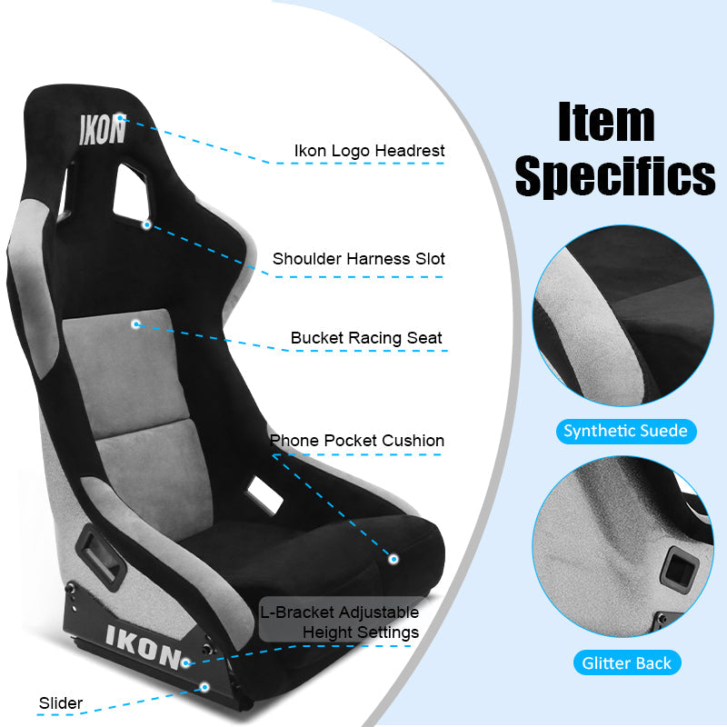Universal Racing Bucket Seats Slider Suede Left+ Right Silver Black
