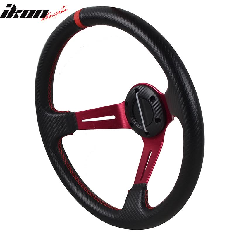 Universal 350MMÂ 6 Hole Deep Dish Steering Wheel Red Spoke Horn PVC