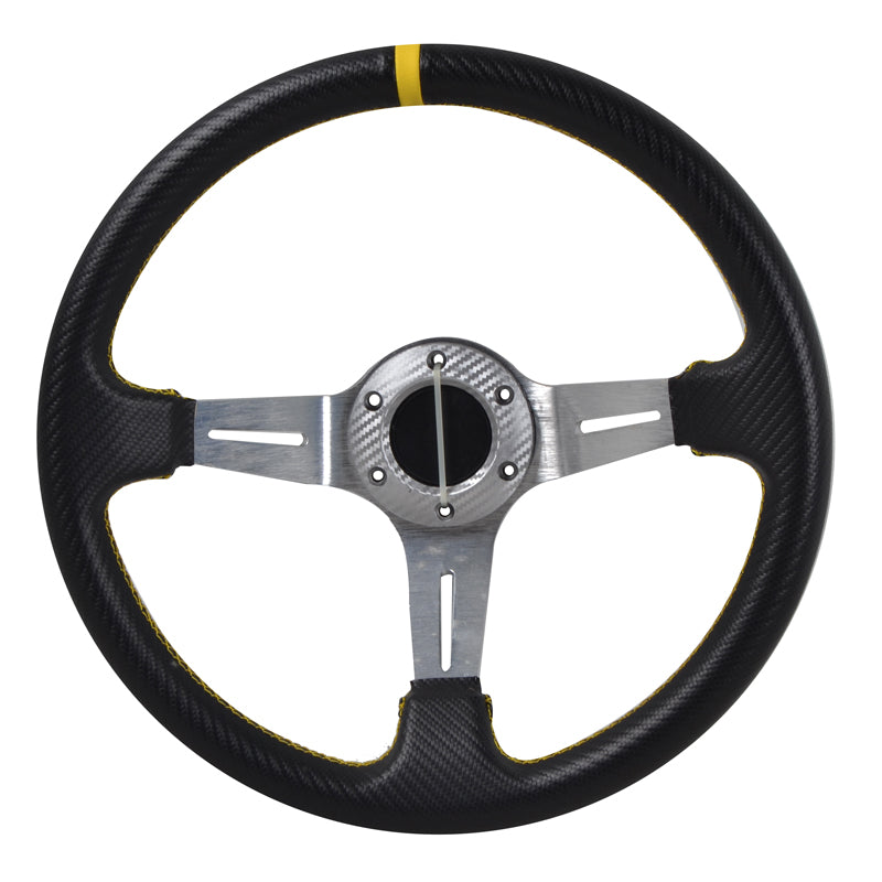 Universal 350MM Steering Wheel 6 Hole Silver Spoke Yellow Black Emblem