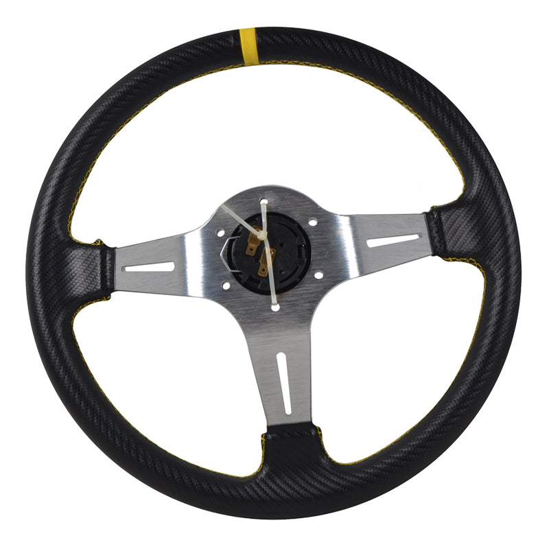 Universal 350MM Steering Wheel 6 Hole Silver Spoke Yellow Black Emblem