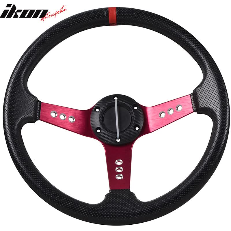 350MM Steering Wheel Deep Dish Red Spoke Horn Button & Emblem PVC