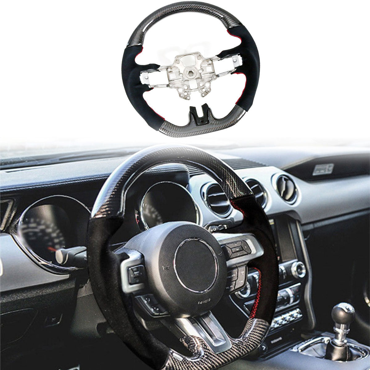 2018-2023 Ford Mustang V1 Steering Wheel w/ Red Stitching Carbon Fiber