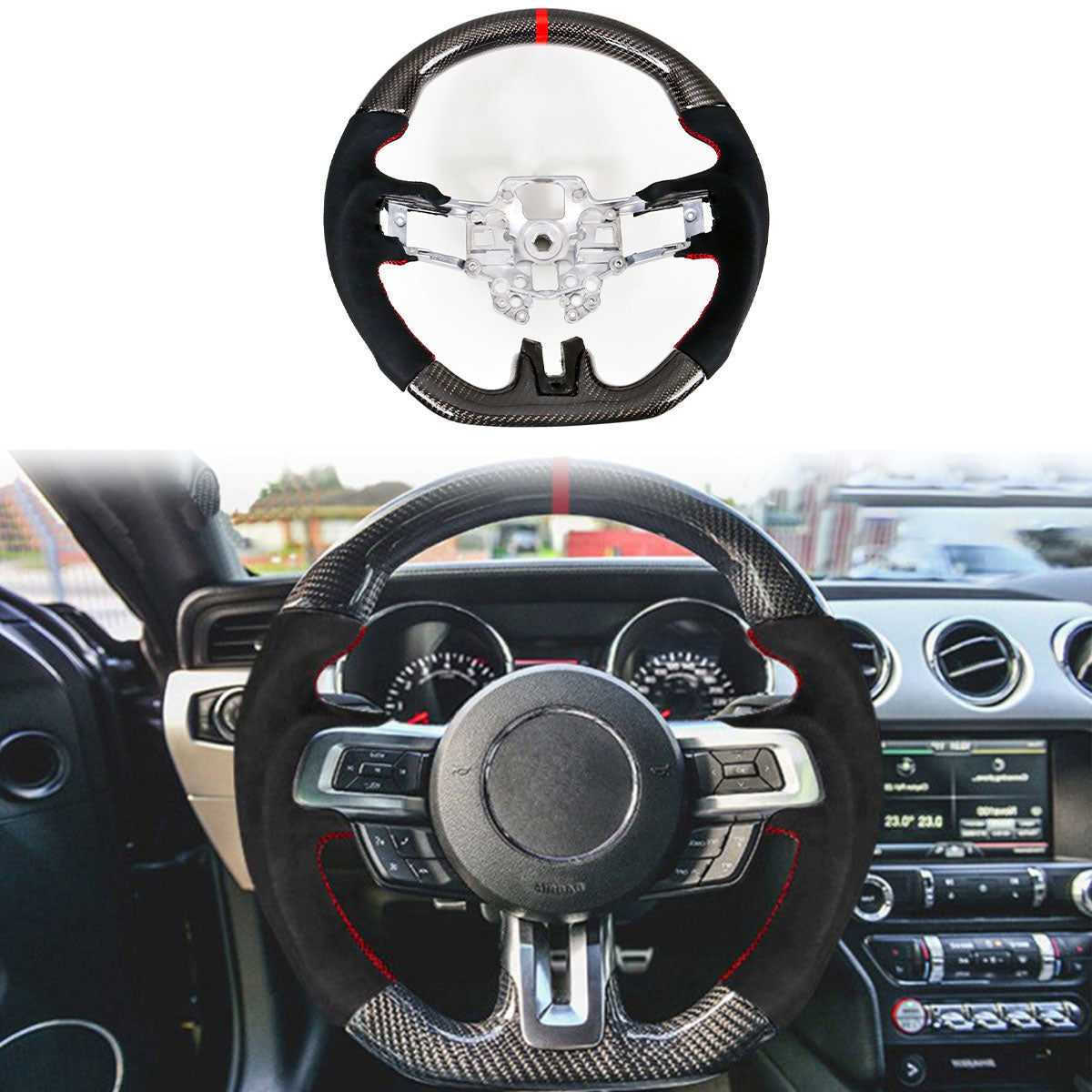 2018-2023 Ford Mustang V1 Steering Wheel w/ Red Stitching Carbon Fiber