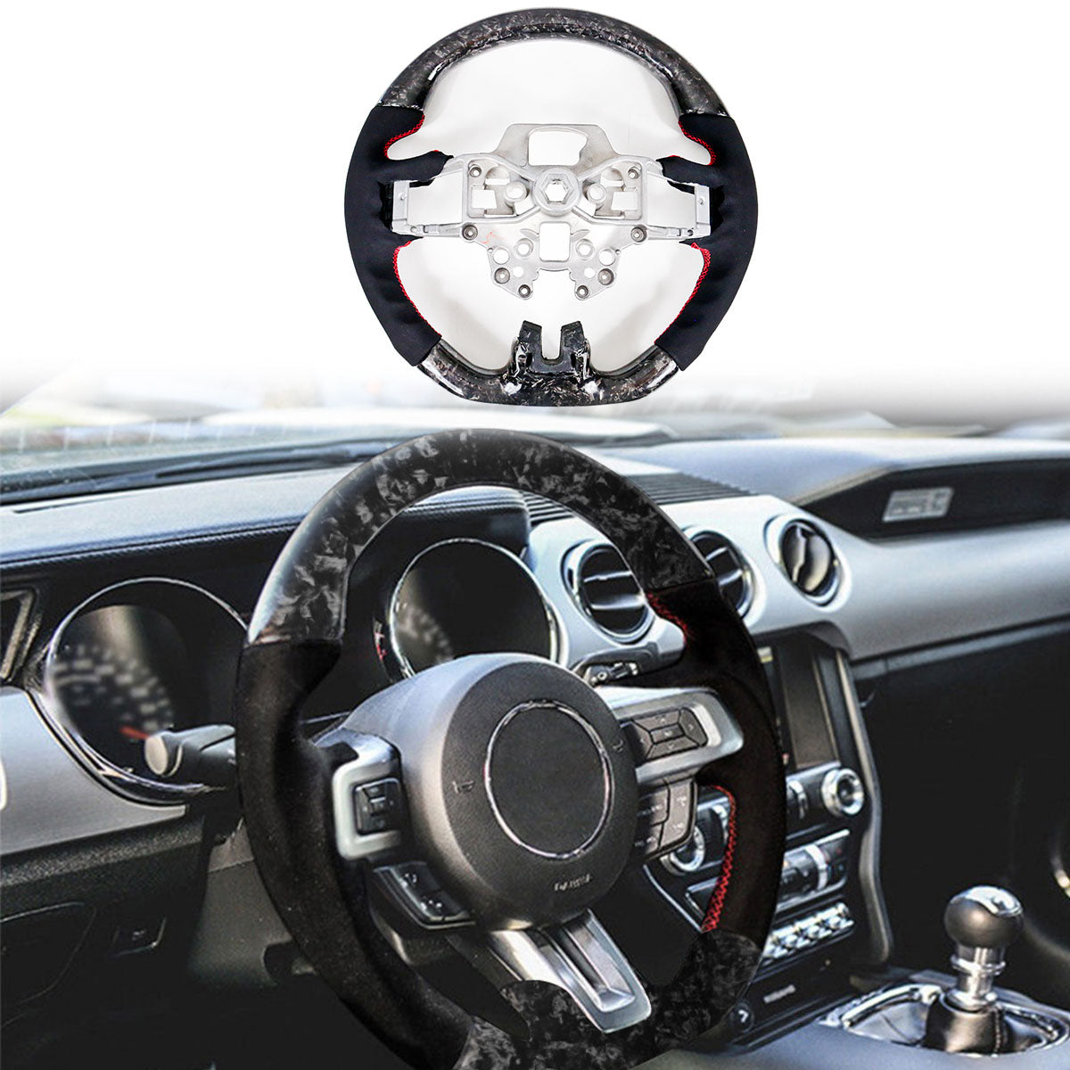 2018-2023 Ford Mustang V1 Steering Wheel w/ Red Stitching Carbon Fiber