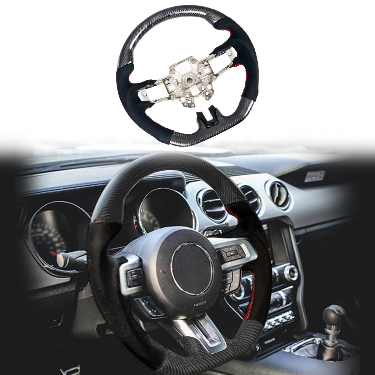 2018-2023 Ford Mustang V1 Steering Wheel w/ Red Stitching Carbon Fiber