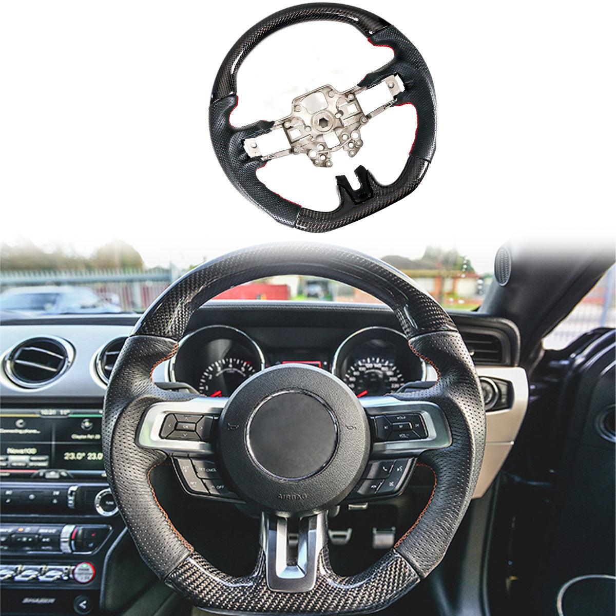 2018-2023 Ford Mustang V1 Steering Wheel w/ Red Stitching Carbon Fiber