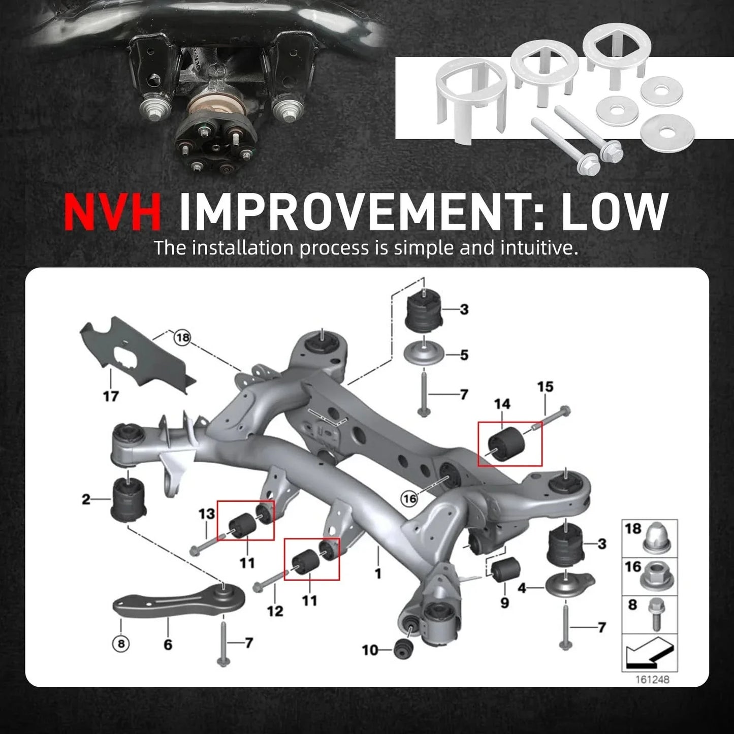 BMW 1 Series E81 E82 E87 E88 / 3 Series E90 E91 E92 E93 Billet Aluminum Rear Differential Mount Insert Kit 2005 - 2013