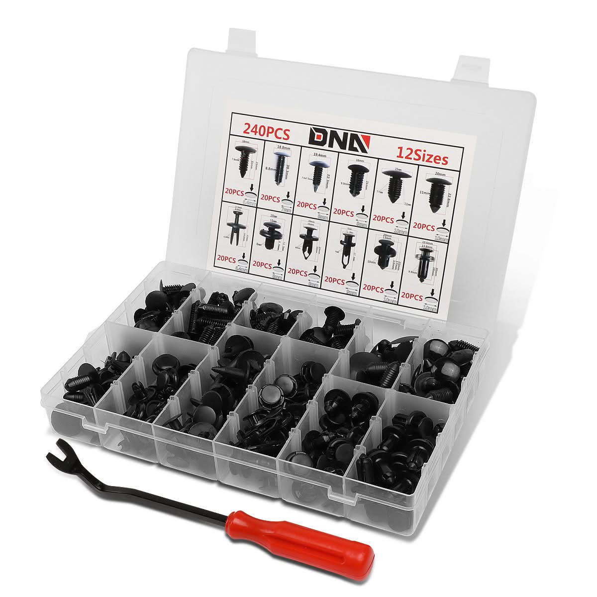 240pc Plastic Clips Kit w/ Removal Tool - 12 Sizes Black