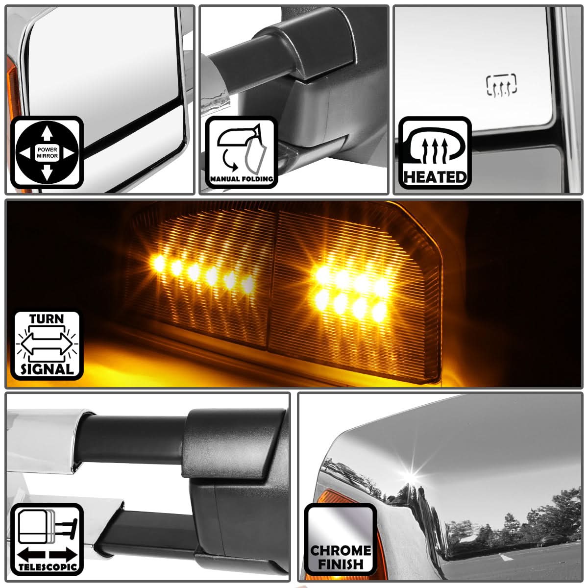 2007-2016 Toyota Tundra Powered Heated LED Towing Mirrors - Chrome