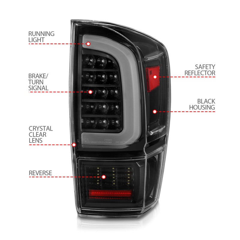 ANZO 16-21 Toyota Tacoma LED Tail Lights - w/ Light Bar Sequential Black Housing & Clear Lens 311400