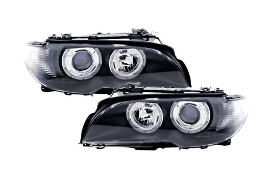 BMW E46 3-Series Coupe Black OE+ Angel Eyes Headlights - (2002-2005)