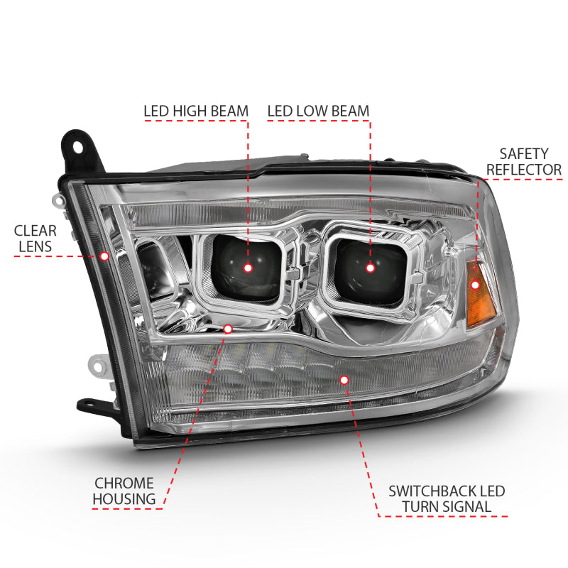 ANZO 2009-2018 Dodge Ram 1500 Led Projector Plank Style Switchback H.L Halo Chrome Amber (OE Style) 111465