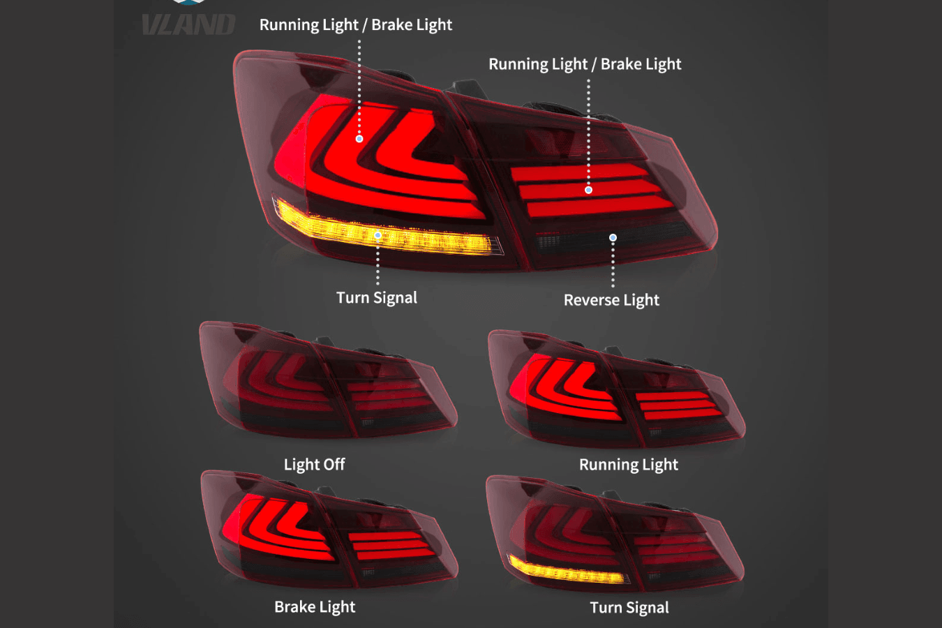Honda Accord 9th Gen -Red,Red Smoked, Full Smoke- LED Tail Lights Upgrade (2013-2015)